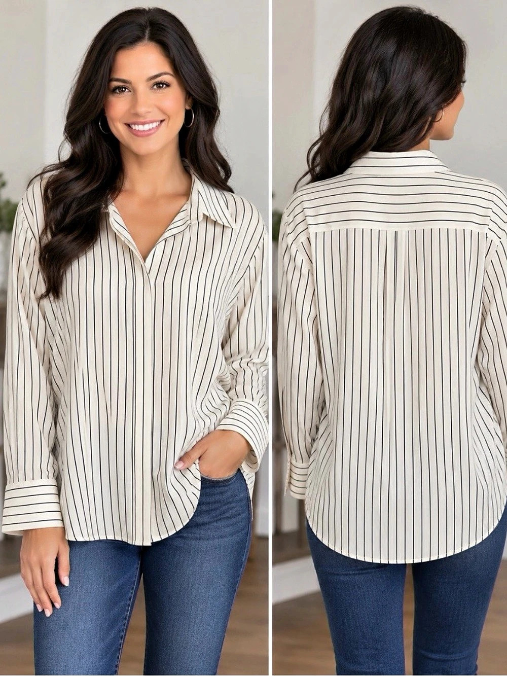 Lane Bryant Flatter Fit Black/White Striped Button Shirt Size 22/24 NWT